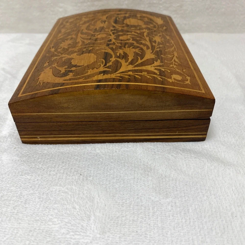 VTG Wooden Jewelry Trinket Box Intricate Floral Inlay Hinged Lidded Compartments